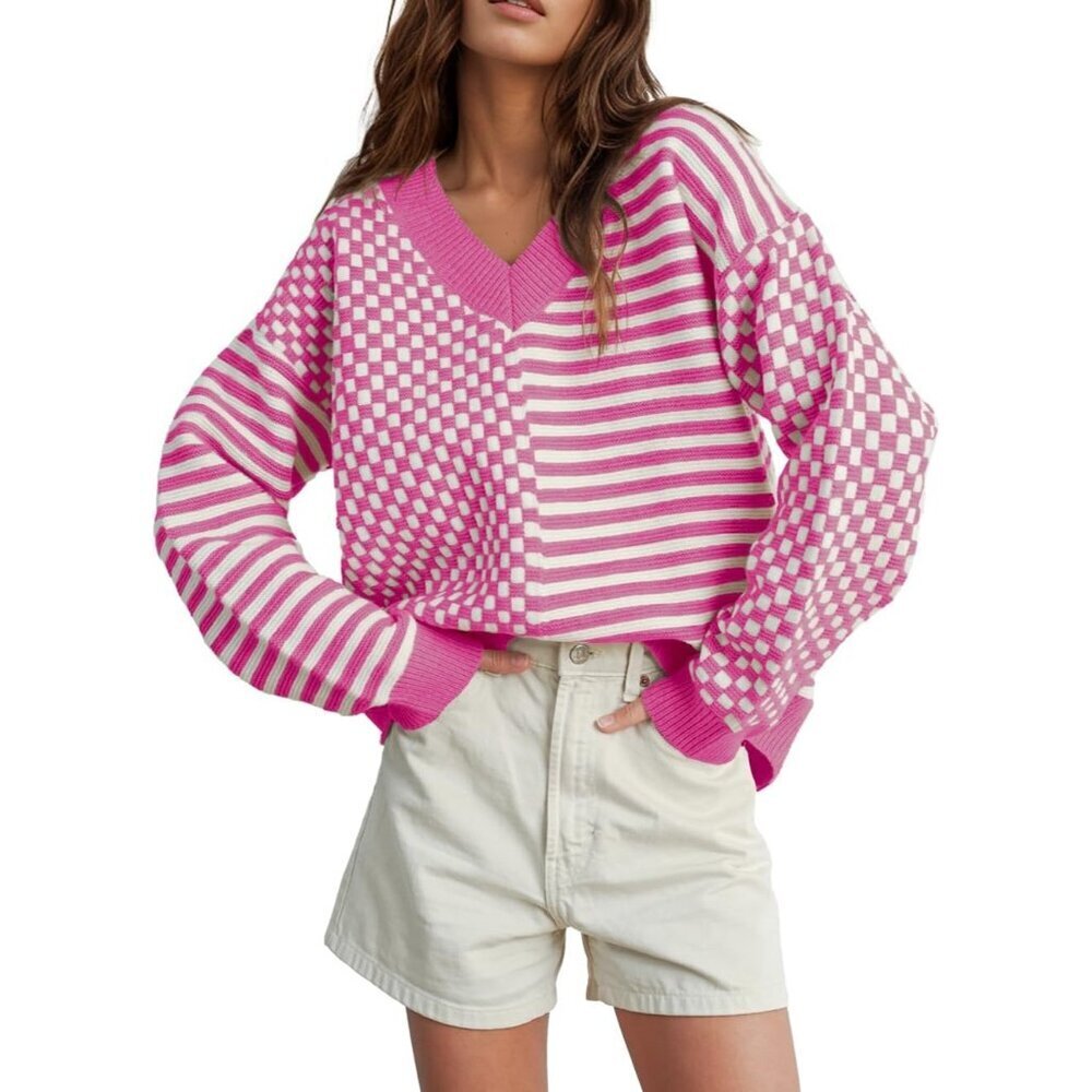 Women's Pink Striped Checkered V Neck Casual Knit Trendy Pullover Sweaters